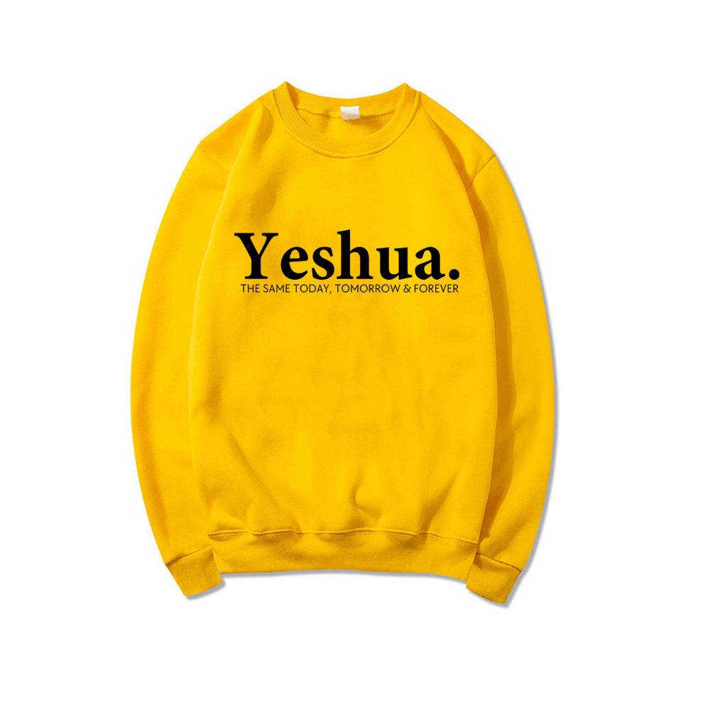 Yellow vintage Yeshua sweatshirt with black text from Holy Mango Store faith-based apparel