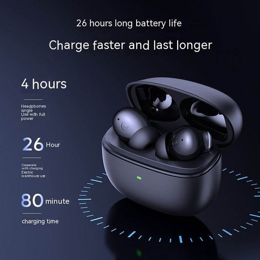 Wireless bluetooth earbuds in black with charging case highlighting 26 hours battery life and fast charging