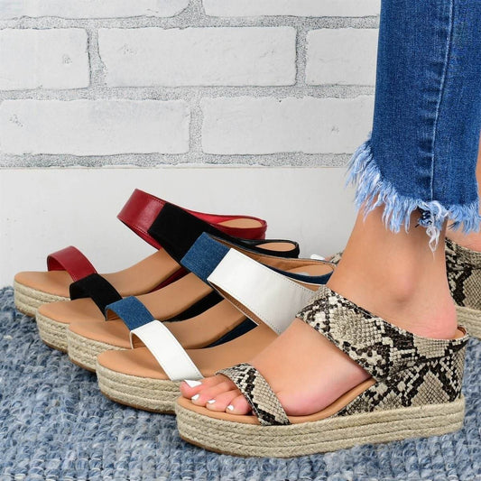 Holy Mango Store women's wedge sandals in multiple colors including snake print black white and red
