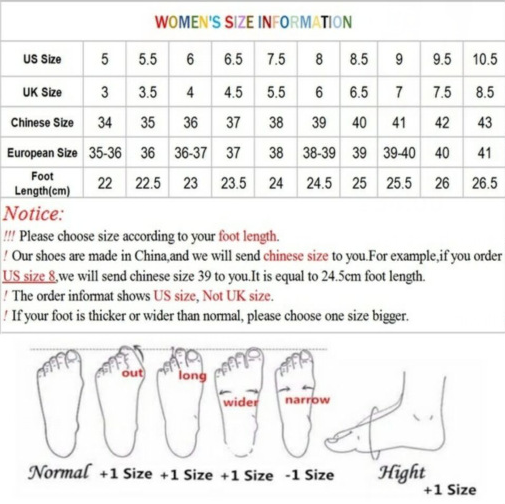 Women's size information chart with US UK Chinese European sizes and foot length guide for women's wedge sandals