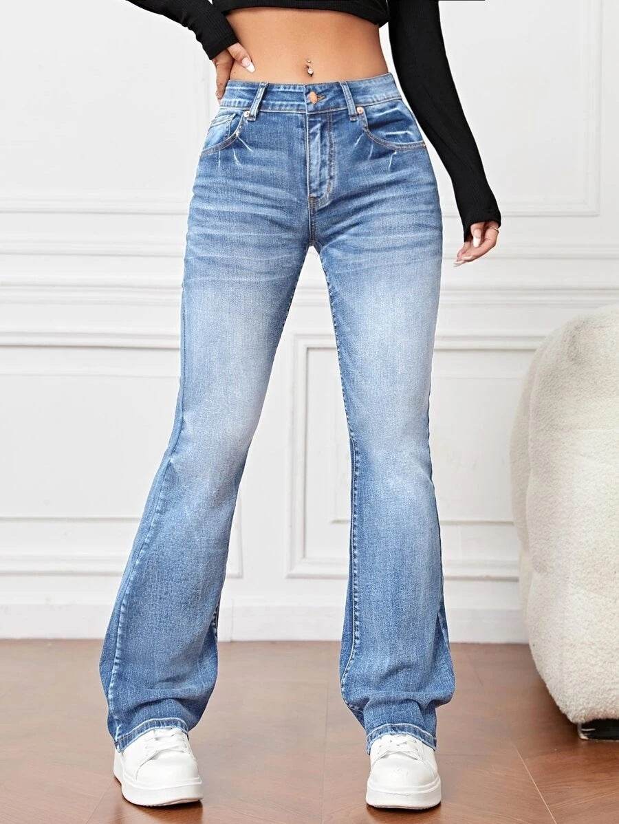 Denim High Waist Loose And Slimming Bootcut Trousers - Holy Mango Store