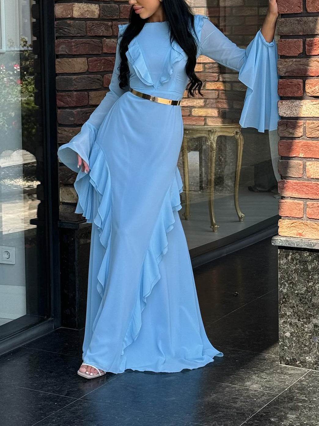 Round Neck Ruffled Long Sleeve Maxi Dress - Holy Mango Store