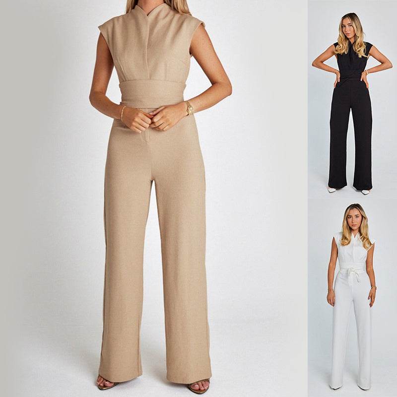 Fashion Elegant Long Sleeveless Jumpsuit Summer V-neck Casual Wide Leg Long Overalls Clothing For Women - Holy Mango Store