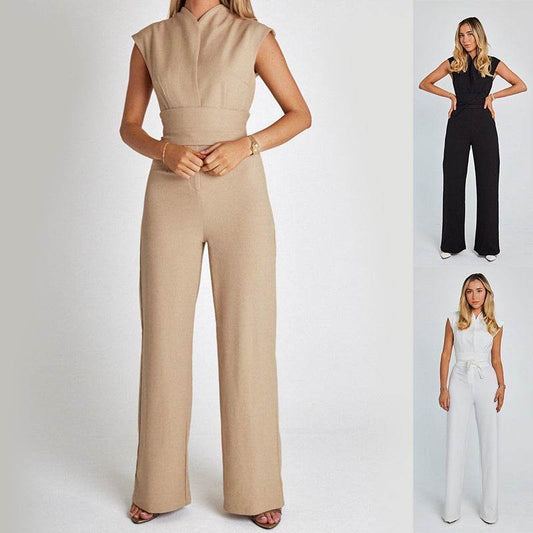 Fashion Elegant Long Sleeveless Jumpsuit Summer V-neck Casual Wide Leg Long Overalls Clothing For Women - Holy Mango Store