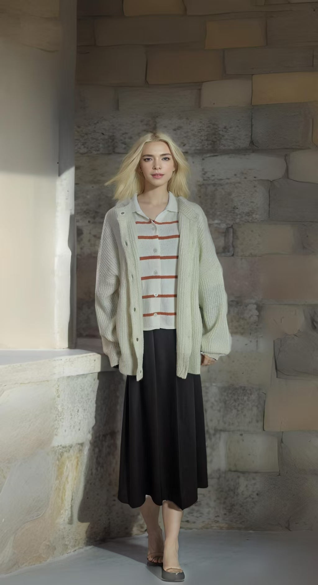 Women’s Oversized Cardigan – Faux Cashmere Knit with Gold Trim