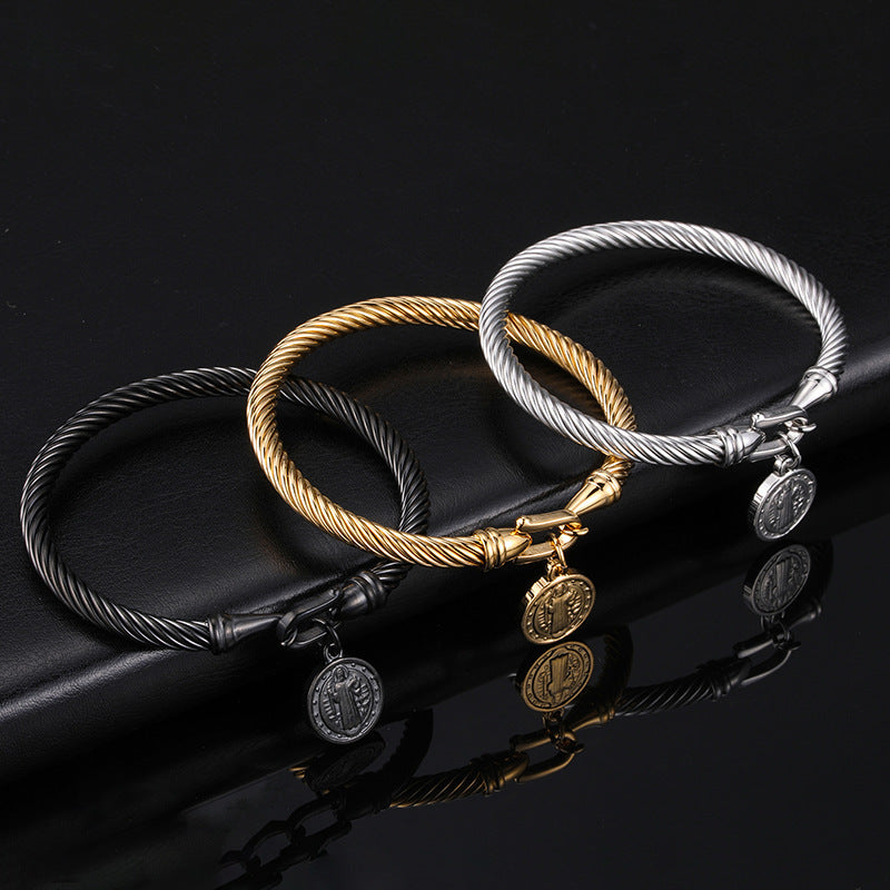 Stainless Steel Scripture & Cross Bangle Bracelet