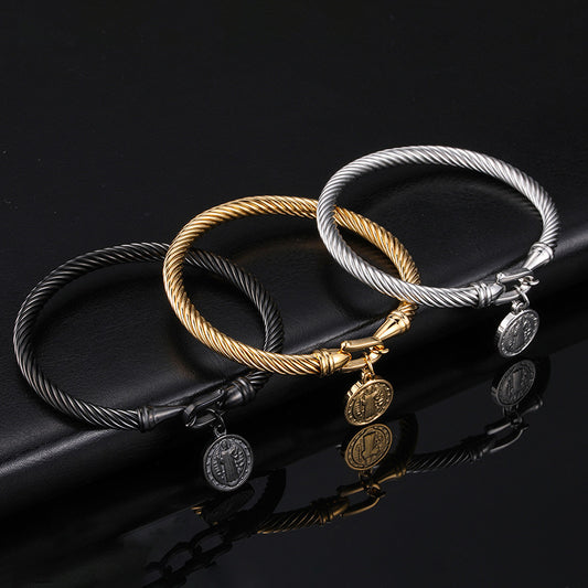 Stainless Steel Scripture & Cross Bangle Bracelet