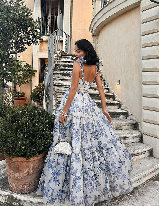 Floral Off‑Shoulder Lace‑Up Organza Swing Dress
