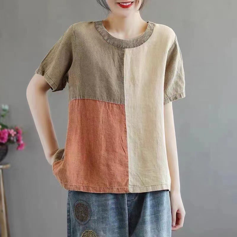 Women's Cotton Linen Color Block T-Shirt – Artistic Half Sleeve Tee
