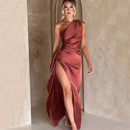Sexy One-shoulder Backless Slit Dress Summer Elegant Slim-fit Solid Color Satin Dresses For Women - Holy Mango Store