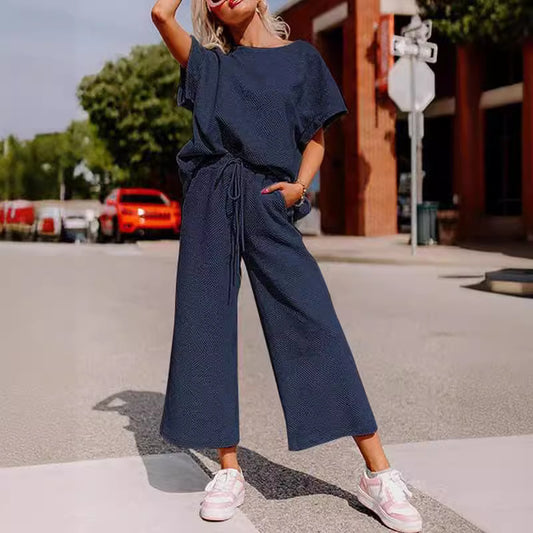 Solid Color Casual Two-Piece Set – Textured Top & Trousers for Women