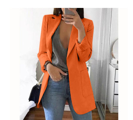 Women's Lapel Cardigan Blazer – Slim Fit Mid-Length Coat