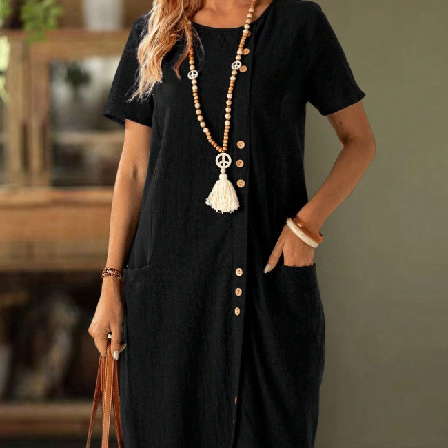 Button Front Pocket Casual Midi Dress