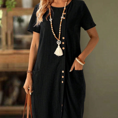 Button Front Pocket Casual Midi Dress
