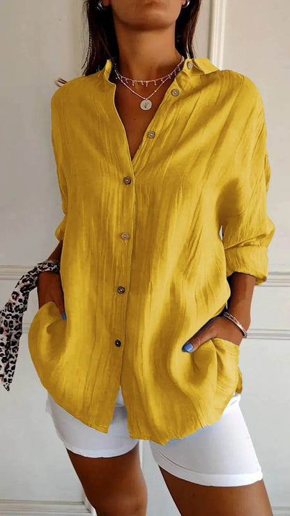 Lapel Long Sleeve Shirt Women's Single-breasted Pleated Shirt - Holy Mango Store