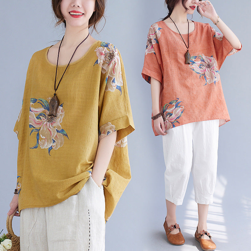 Women's Korean Cotton Linen Summer Top – Printed Half Sleeve