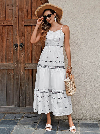 Bohemian Summer Dress For Women - Cotton Maxi Dress With Embroidery, Lightweight, Breathable Fabric, And Stretch Waistband For Beach Vacation - Holy Mango Store