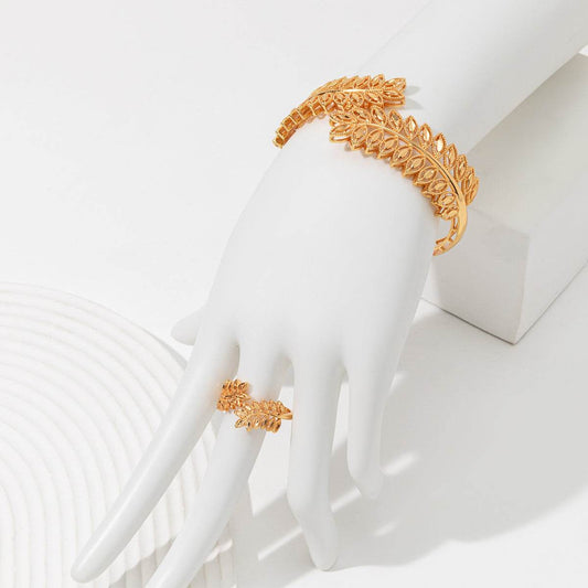 2cps Vintage Wheat Ear Leaf Gold Bracelet With An Open Ring, Worn By Women In Dubai, Africa For Daily Festivals, Wedding Accessories - Holy Mango Store