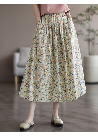 Women’s Floral Cotton Midi Skirt – Artistic Print A-Line