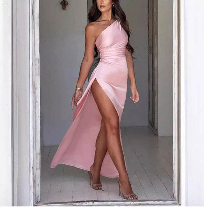Sexy One-shoulder Backless Slit Dress Summer Elegant Slim-fit Solid Color Satin Dresses For Women - Holy Mango Store