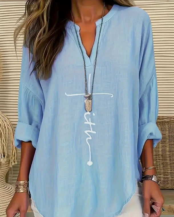 Faith V-Neck Long Sleeve Shirt – Graceful & Light