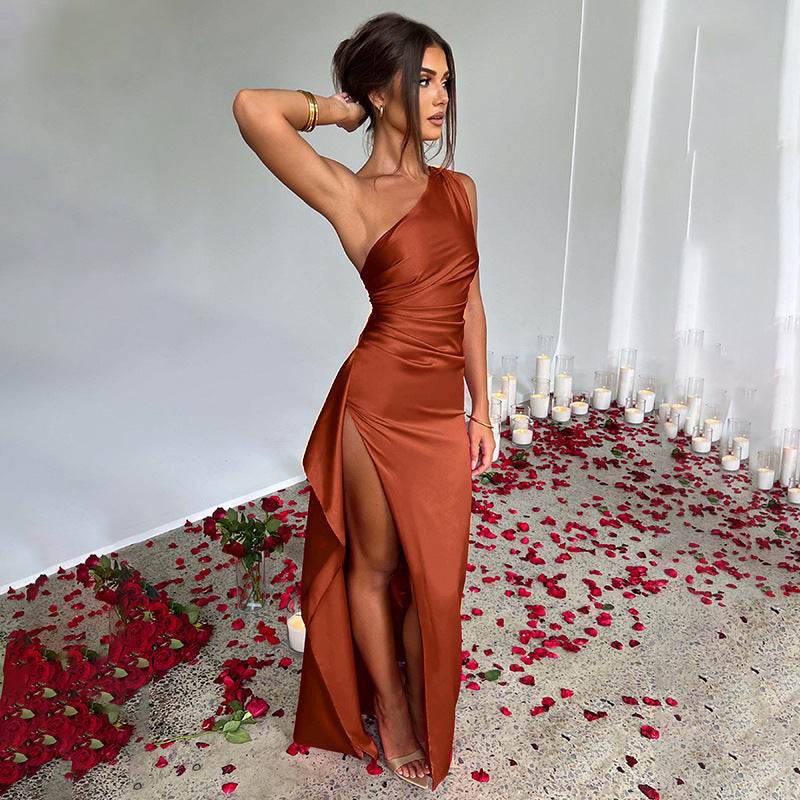 Sexy One-shoulder Backless Slit Dress Summer Elegant Slim-fit Solid Color Satin Dresses For Women - Holy Mango Store