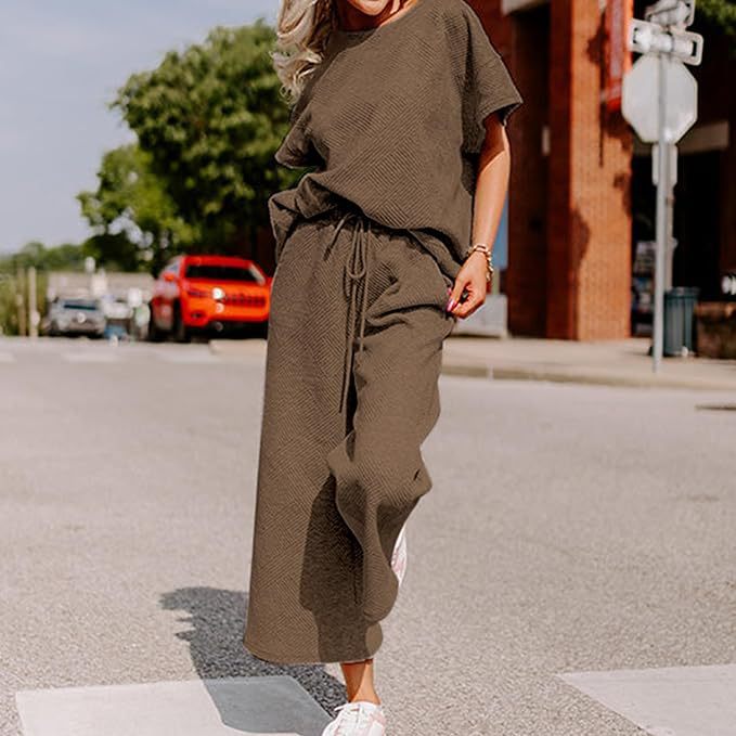 Solid Color Casual Two-Piece Set – Textured Top & Trousers for Women