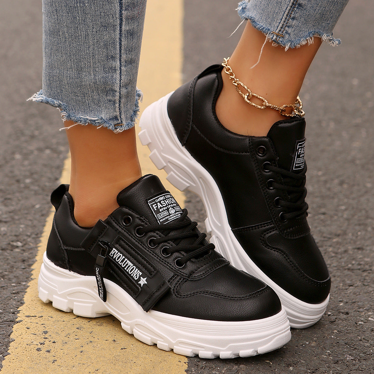 Stylish Women’s Sneakers – Lace-Up & Side Zipper | Trendy Thick-Soled Shoes