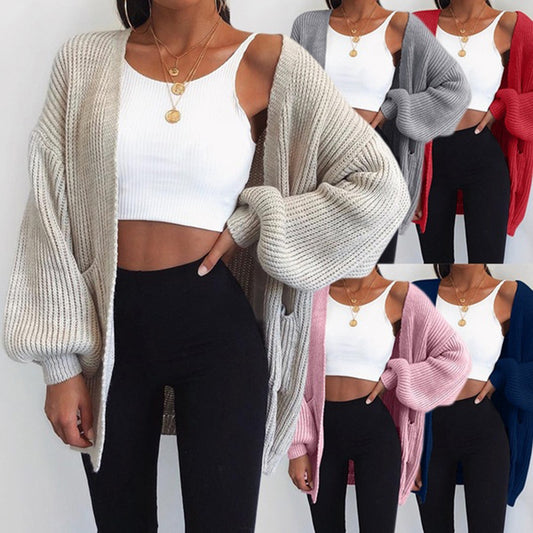 Women’s Mid-Length Knit Cardigan – Solid Color Loose-Fit Sweater