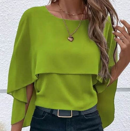 Solid Layered Cloak Sleeve Blouse, Versatile Crew Neck Blouse For Spring & Fall, Women's Clothing - Holy Mango Store