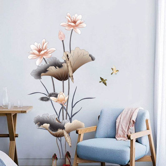 Chinese Style Lotus Flower Wallpaper Self-adhesive Living Room Decor Sofa Background Decoration Wall Stickers - Holy Mango Store