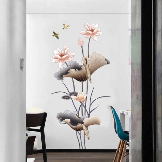 Chinese Style Lotus Flower Wallpaper Self-adhesive Living Room Decor Sofa Background Decoration Wall Stickers - Holy Mango Store