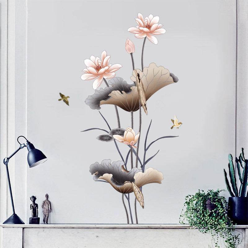 Chinese Style Lotus Flower Wallpaper Self-adhesive Living Room Decor Sofa Background Decoration Wall Stickers - Holy Mango Store
