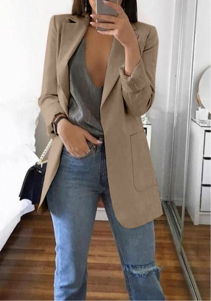Women's Lapel Cardigan Blazer – Slim Fit Mid-Length Coat
