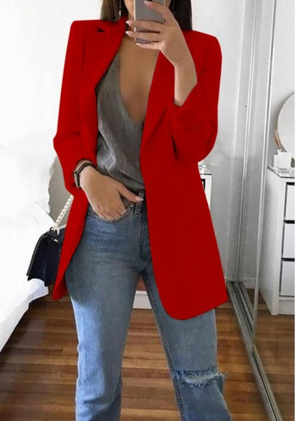 Women's Lapel Cardigan Blazer – Slim Fit Mid-Length Coat