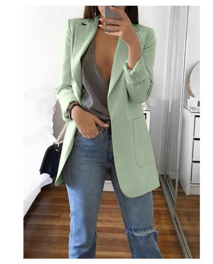 Women's Lapel Cardigan Blazer – Slim Fit Mid-Length Coat