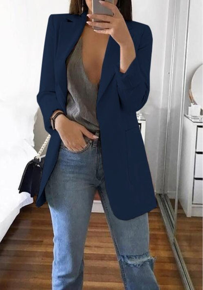 Women's Lapel Cardigan Blazer – Slim Fit Mid-Length Coat