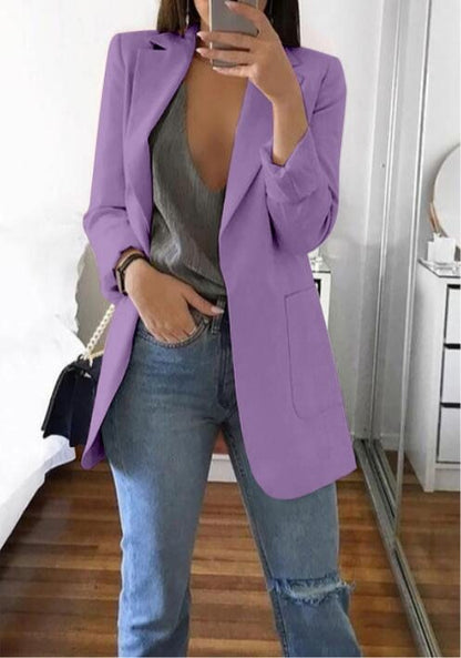 Women's Lapel Cardigan Blazer – Slim Fit Mid-Length Coat