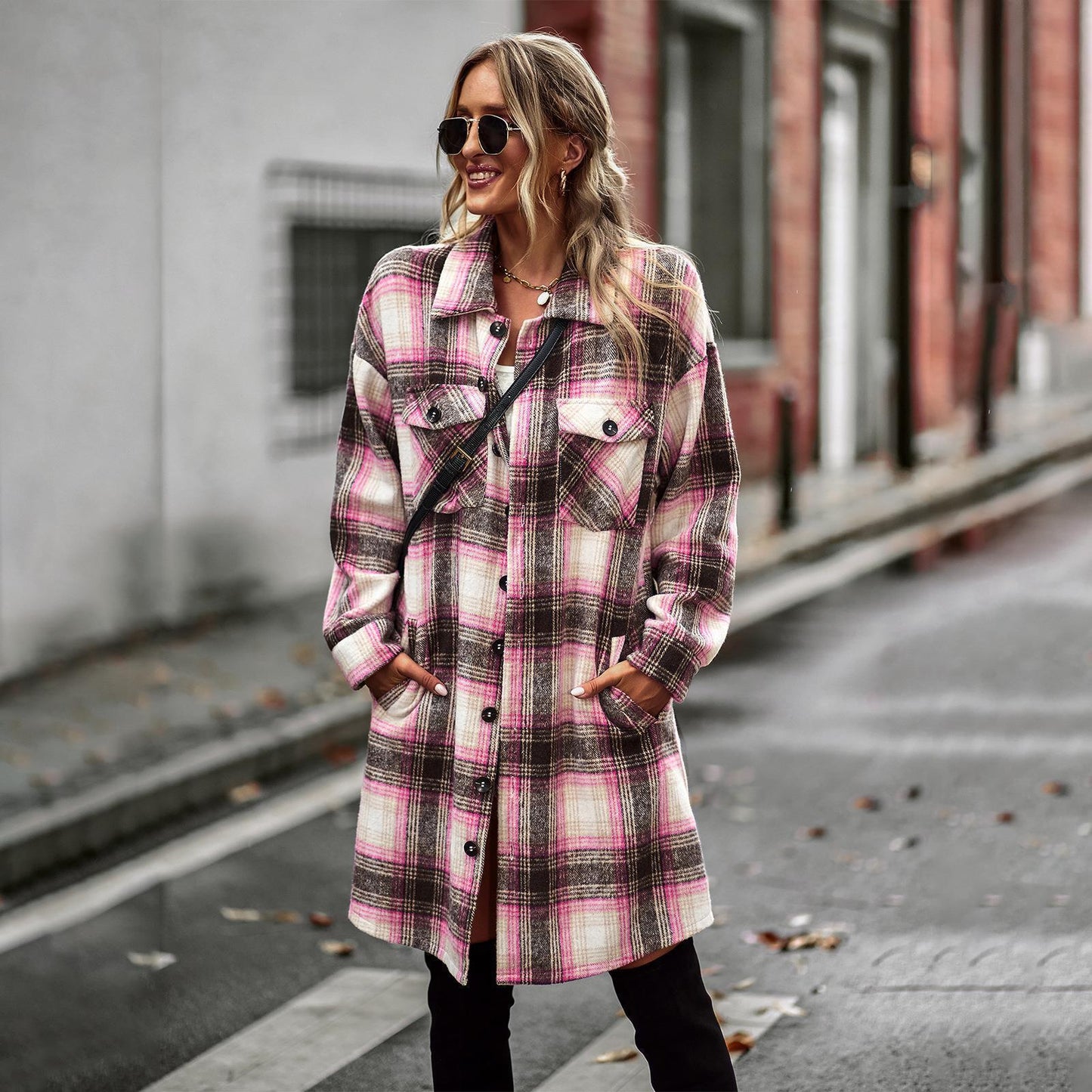 Women's Long Plaid Wool Cardigan – Lightweight Slim Fit Coat