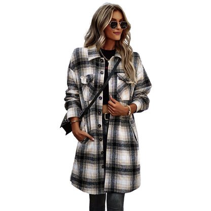 Women's Long Plaid Wool Cardigan – Lightweight Slim Fit Coat