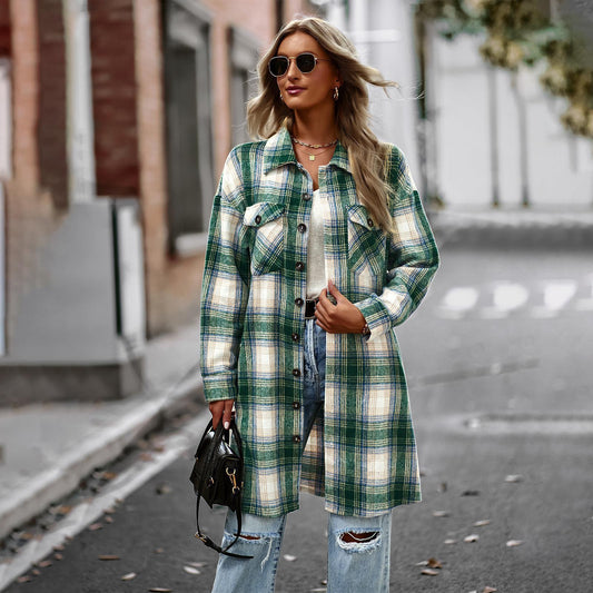 Women's Long Plaid Wool Cardigan – Lightweight Slim Fit Coat