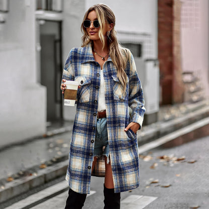 Women's Long Plaid Wool Cardigan – Lightweight Slim Fit Coat