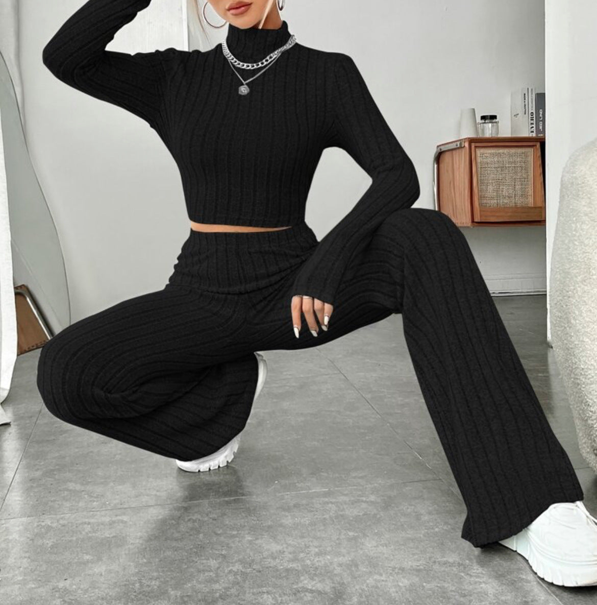 Turtleneck & Wide-Leg Trouser Set – Fresh, Feminine & Cozy Cotton Comfort