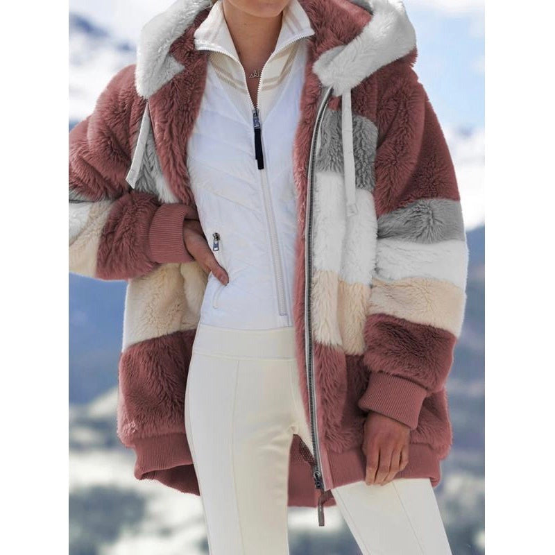 Patchwork Hooded Short Jacket – Colorful & Cozy Style