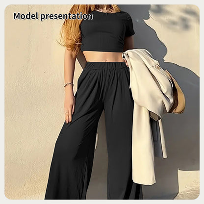Women’s Minimalist Two-Piece Set – Solid Color Top & Pants