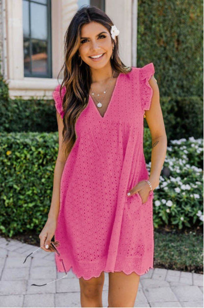 Lace Dresses With Pocket Summer Sleeveless Jacquard Cutout V-Neck Beach Dress - Holy Mango Store
