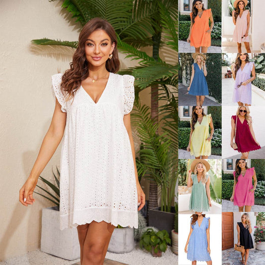 Lace Dresses With Pocket Summer Sleeveless Jacquard Cutout V-Neck Beach Dress - Holy Mango Store