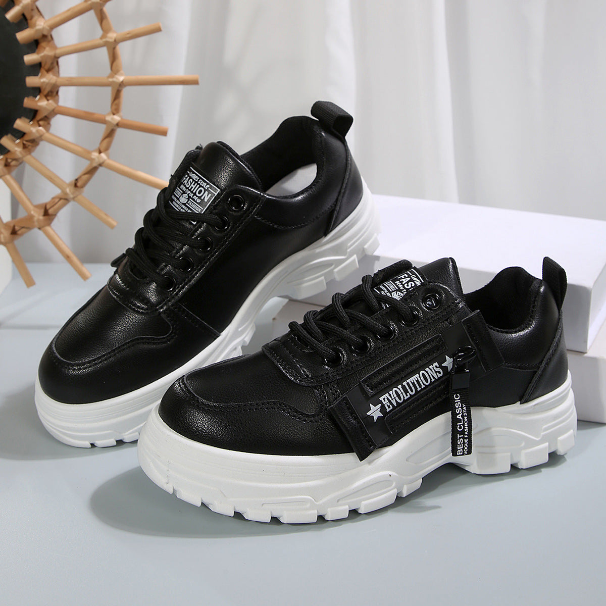 Stylish Women’s Sneakers – Lace-Up & Side Zipper | Trendy Thick-Soled Shoes