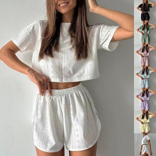 Breezy Summer 2-Piece Set – Hollow Crop Top & Slit Shorts