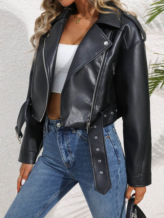 Women's Large Lapel Faux Leather Short Jacket Lady Fashion Motorcycle PU Leather Coat Casual Overcoat With Belt - Holy Mango Store